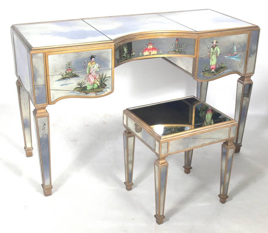 American 1940s Mirrored Vanity with Asian Decoration 