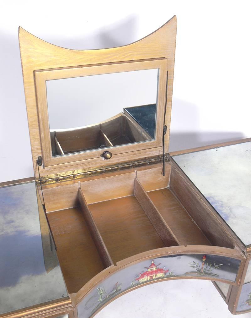 Painted 1940s Mirrored Vanity with Asian Decoration 