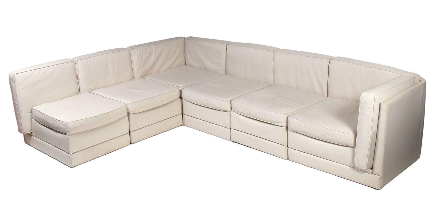 Mid-Century Modern Low Slung Milo Baughman Sectional Sofa in Original Bone Color Leather