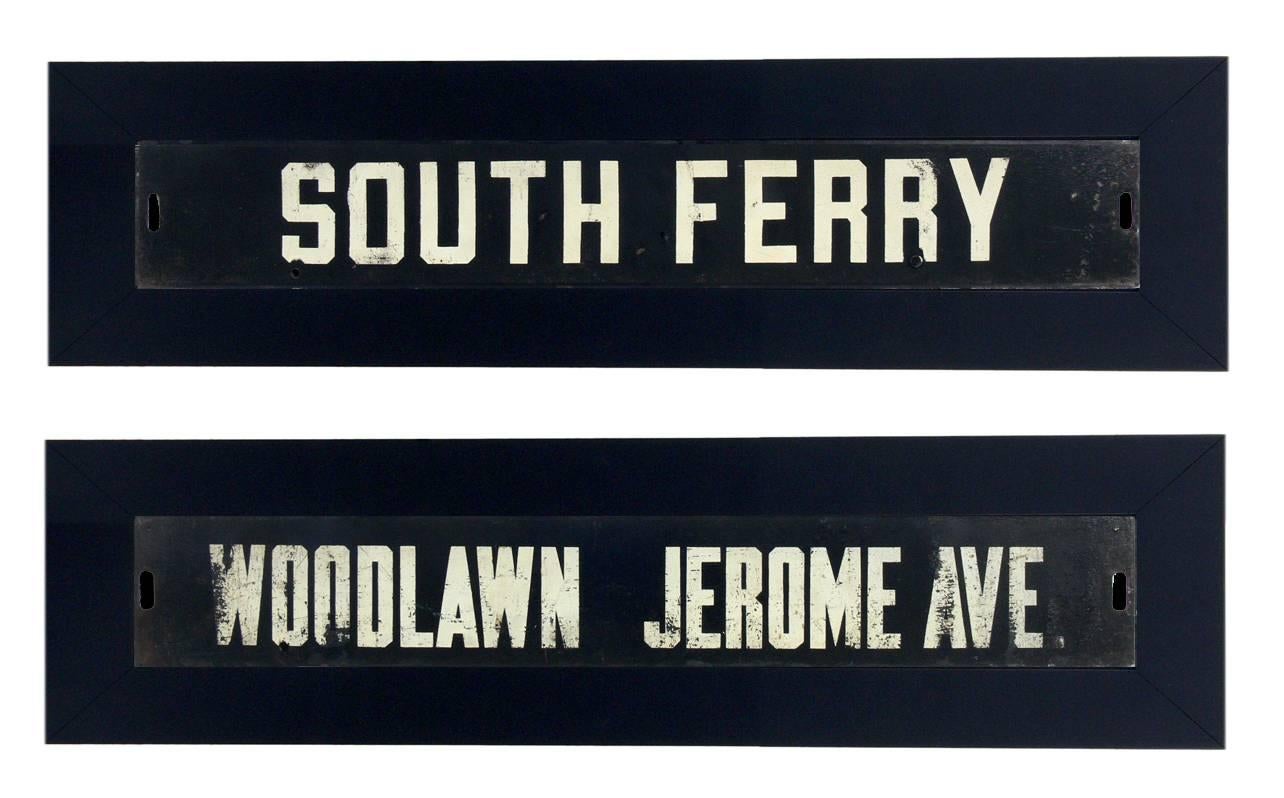 Selection of Vintage NYC Bus or Subway Signs, American, circa 1950's. They are metal signs and have been framed in clean lined black wooden gallery frames. They are priced at $550 each.