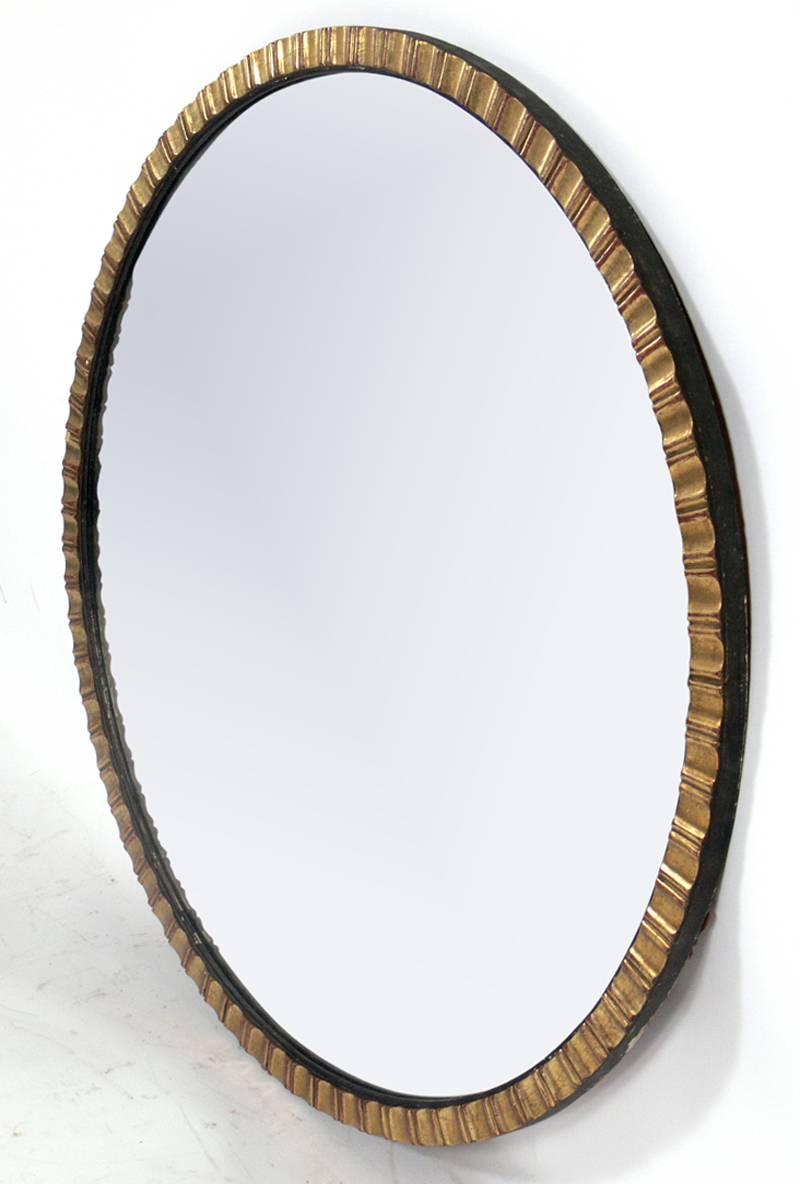 Gilt Circle Mirror, American, circa 1940's. Retains warm original patina to gilding and original mirrored glass. 