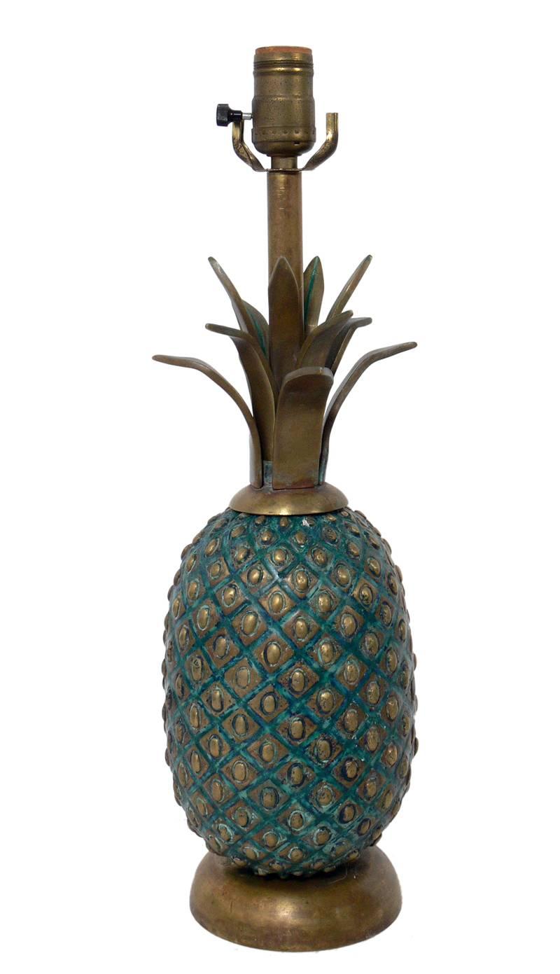 Chic pair of pineapple lamps, handmade by Pepe Mendoza, Mexico, circa 1950s. They are executed in bronze, brass, and his signature green enamel. We have collected Mendoza's work for over 15 years and have never seen this pineapple form before.