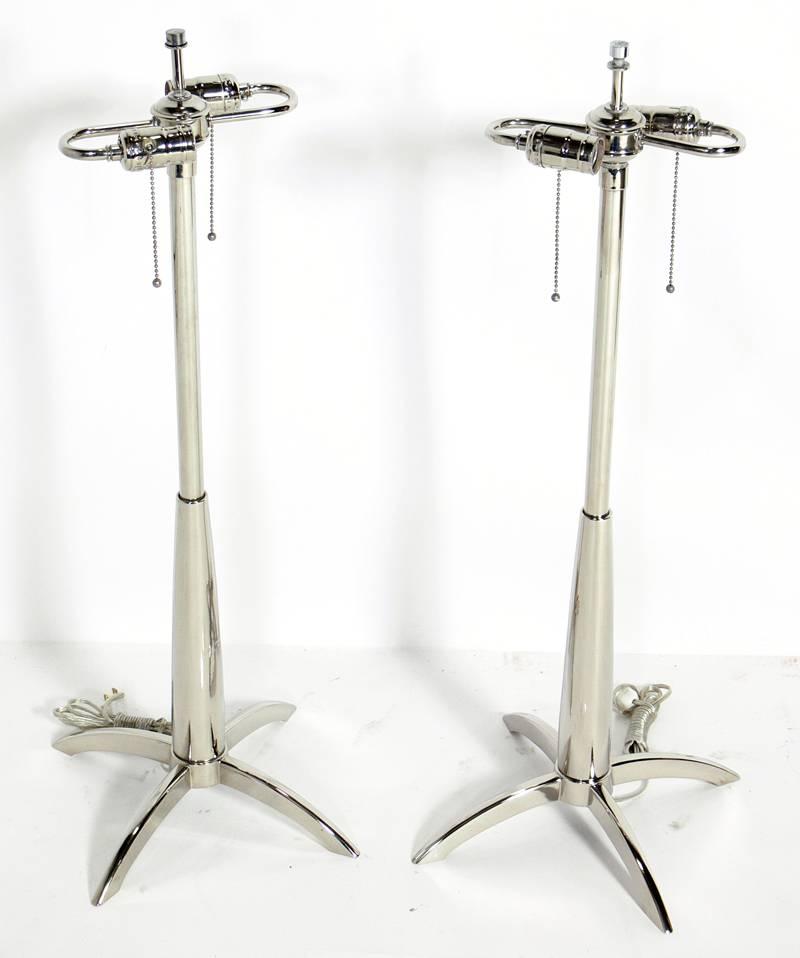 Pair of sleek nickel plated lamps by Stiffel, American, circa 1950s. Rewired and ready to use.