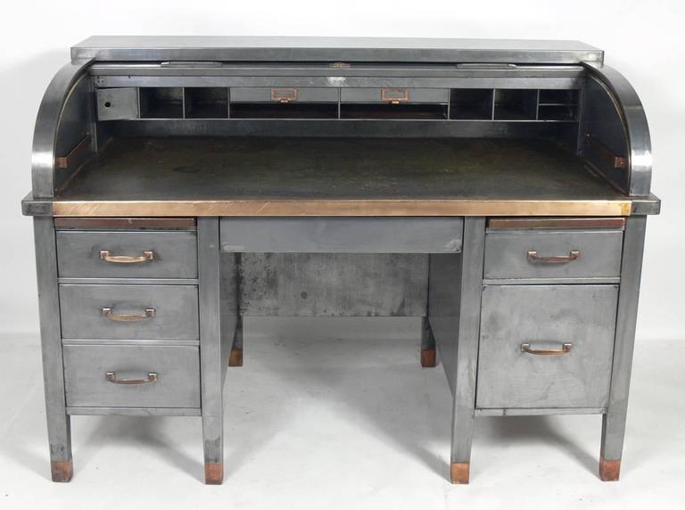 1930s Banker S Metal Roll Top Industrial Desk At 1stdibs