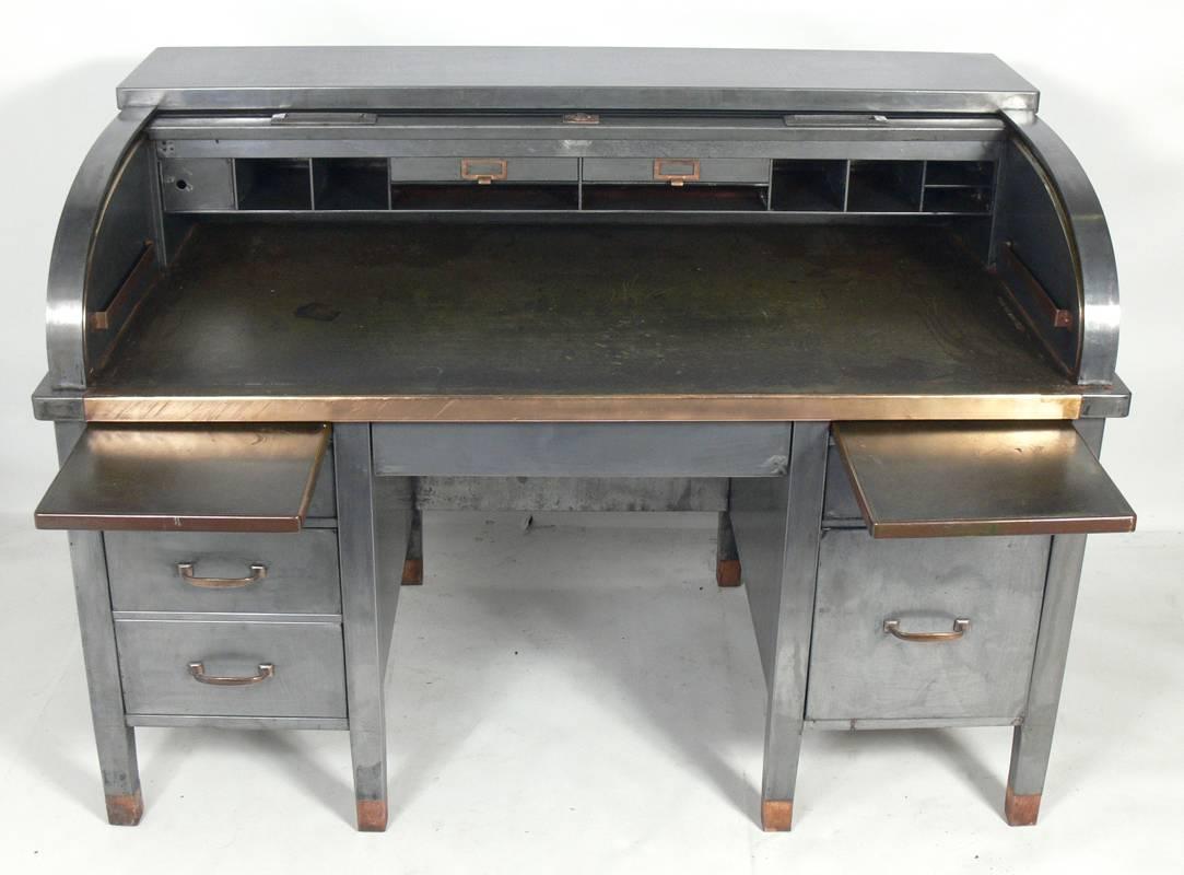 American 1930s Banker's Metal Roll Top Industrial Desk