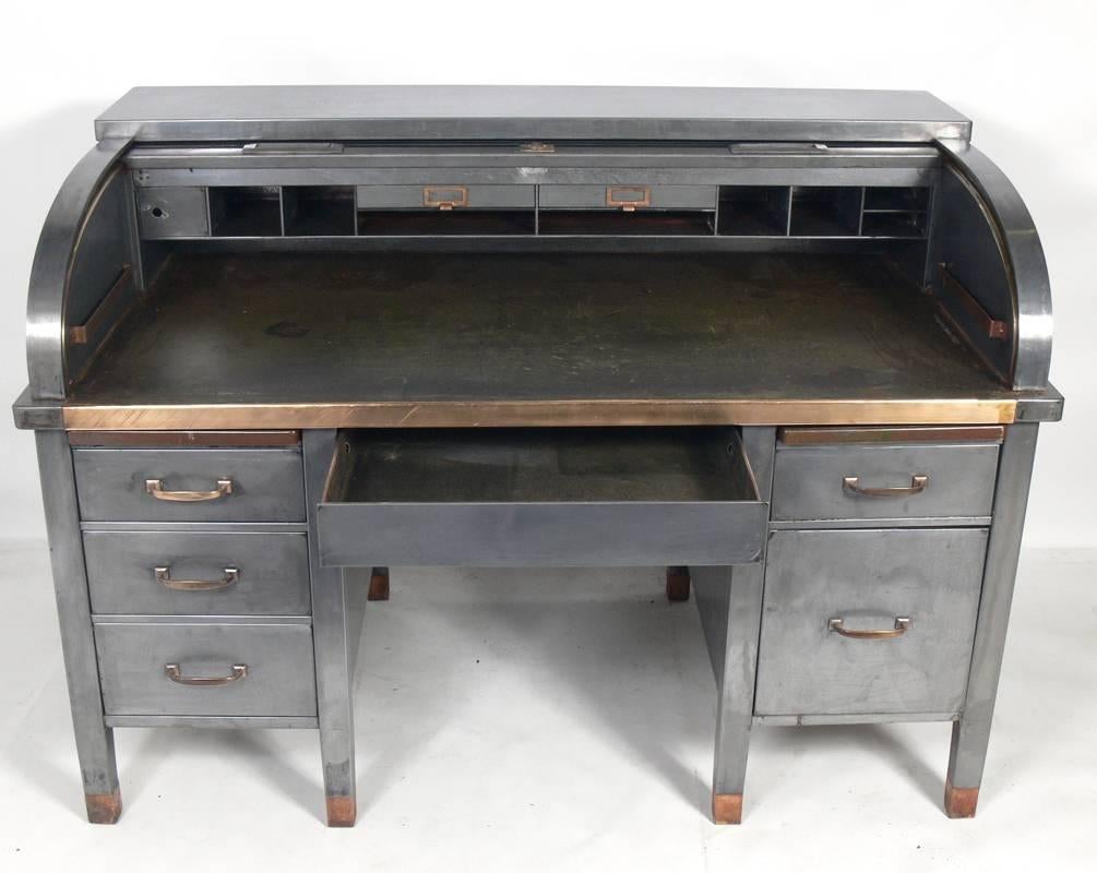 Mid-20th Century 1930s Banker's Metal Roll Top Industrial Desk
