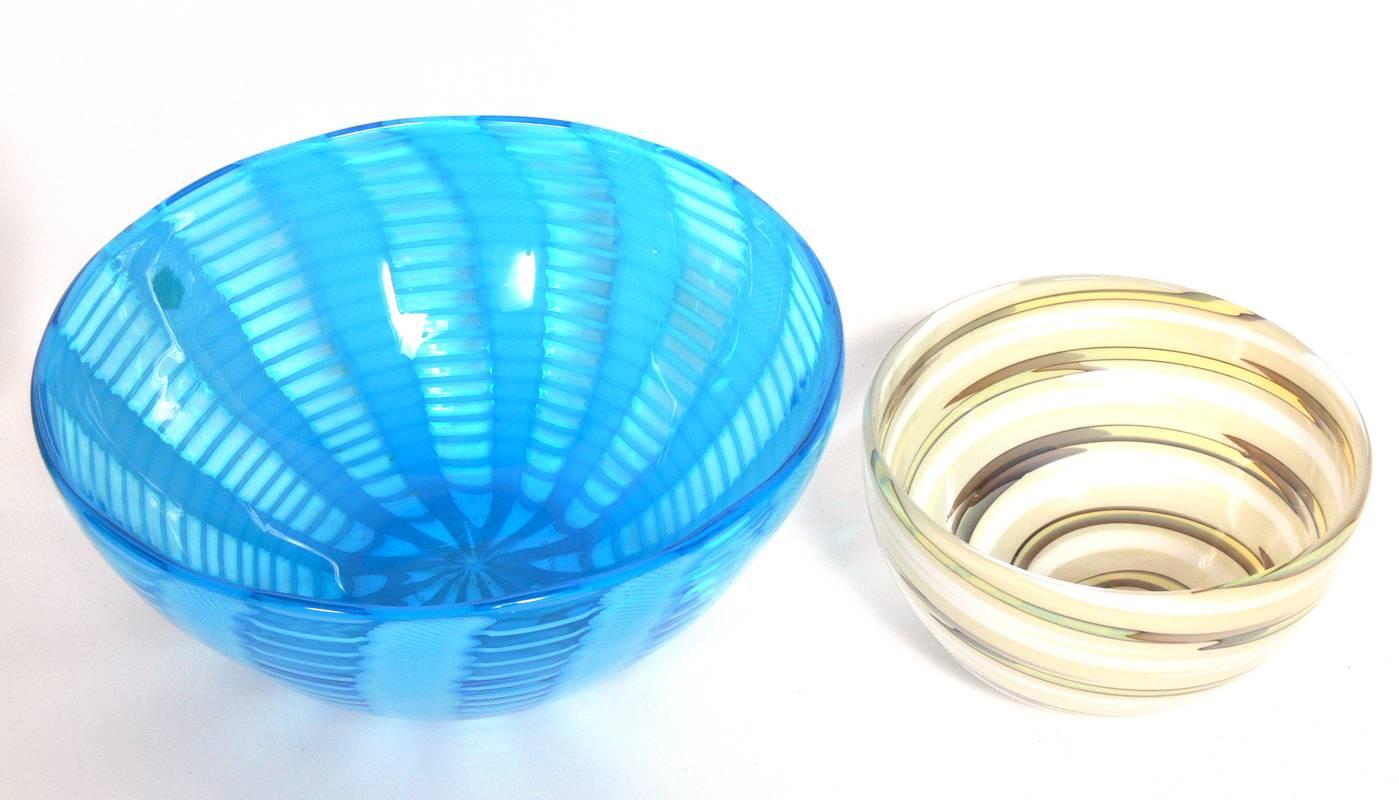 Selection of art glass vases and bowls. From left to right as seen in the first photo, they are:
1) Maurice Heaton dish, signed 