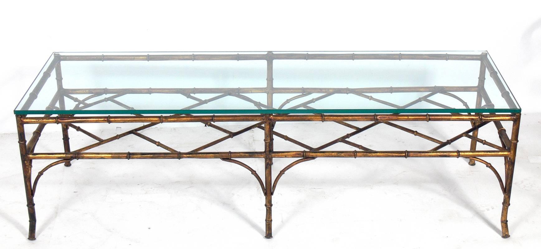 Hollywood Regency Gilt Metal Faux Bamboo Coffee Table 