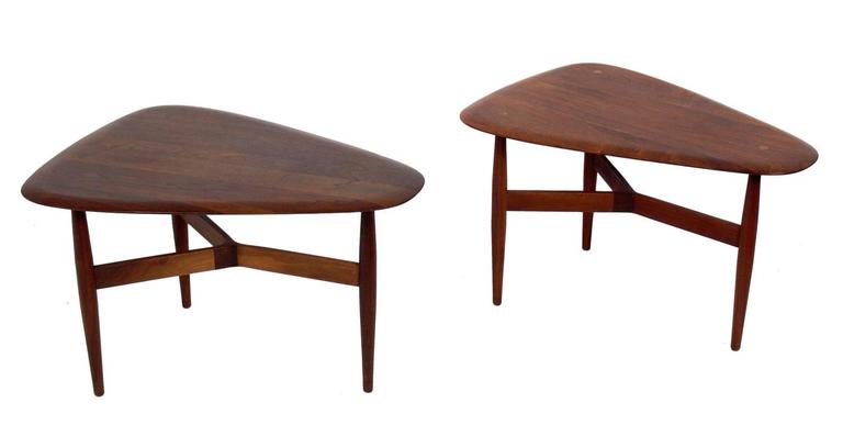 Sculptural teak side or end tables, designed by Illum Wikkelso and Johannes Aasbjerg, Denmark, circa 1960s. They are a versatile size and can be used as side or end tables, or as nightstands. They are currently being refinished (and will match