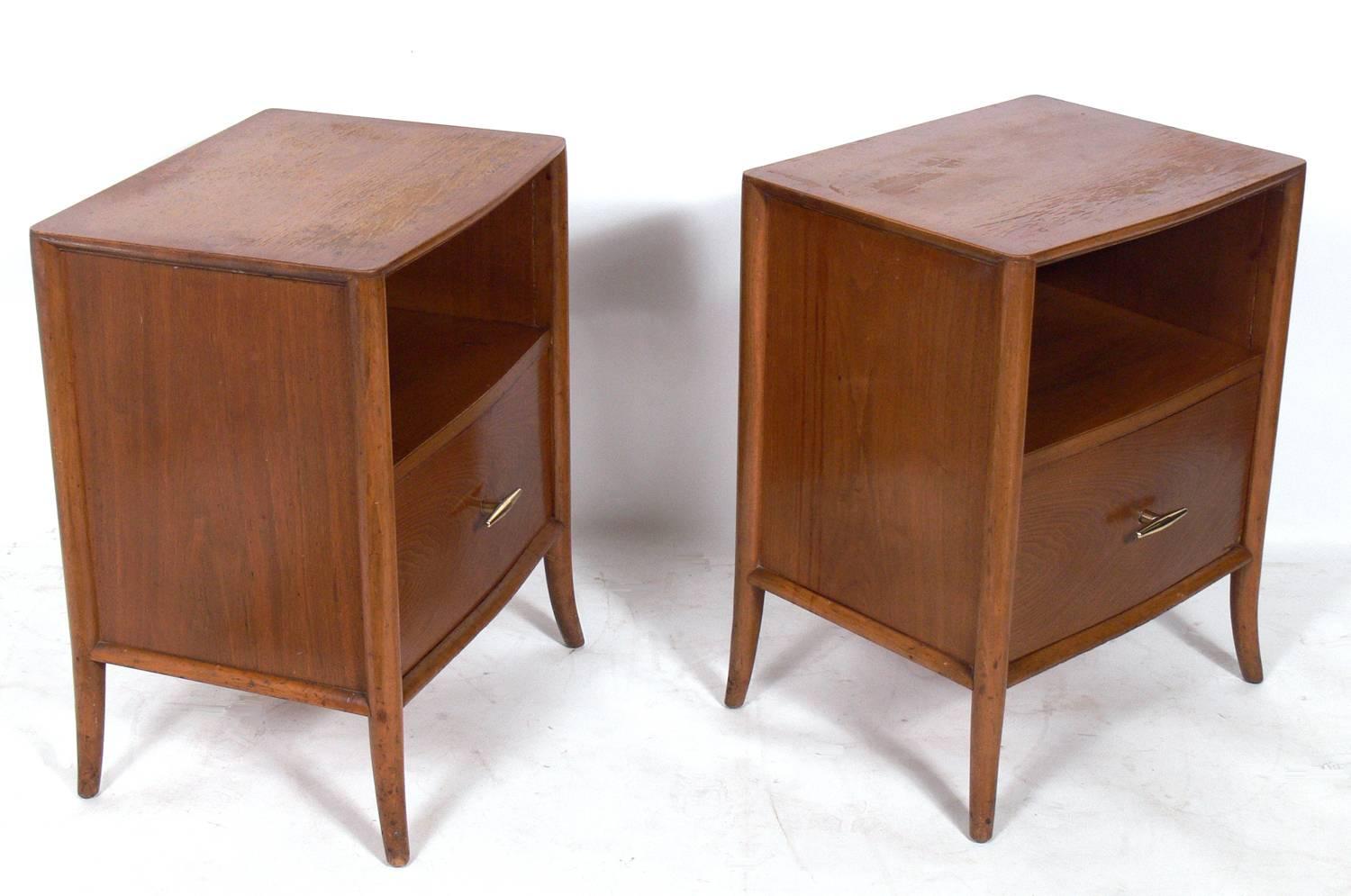 Mid-Century Modern Pair of Walnut and Brass Nightstands by T.H. Robsjohn-Gibbings
