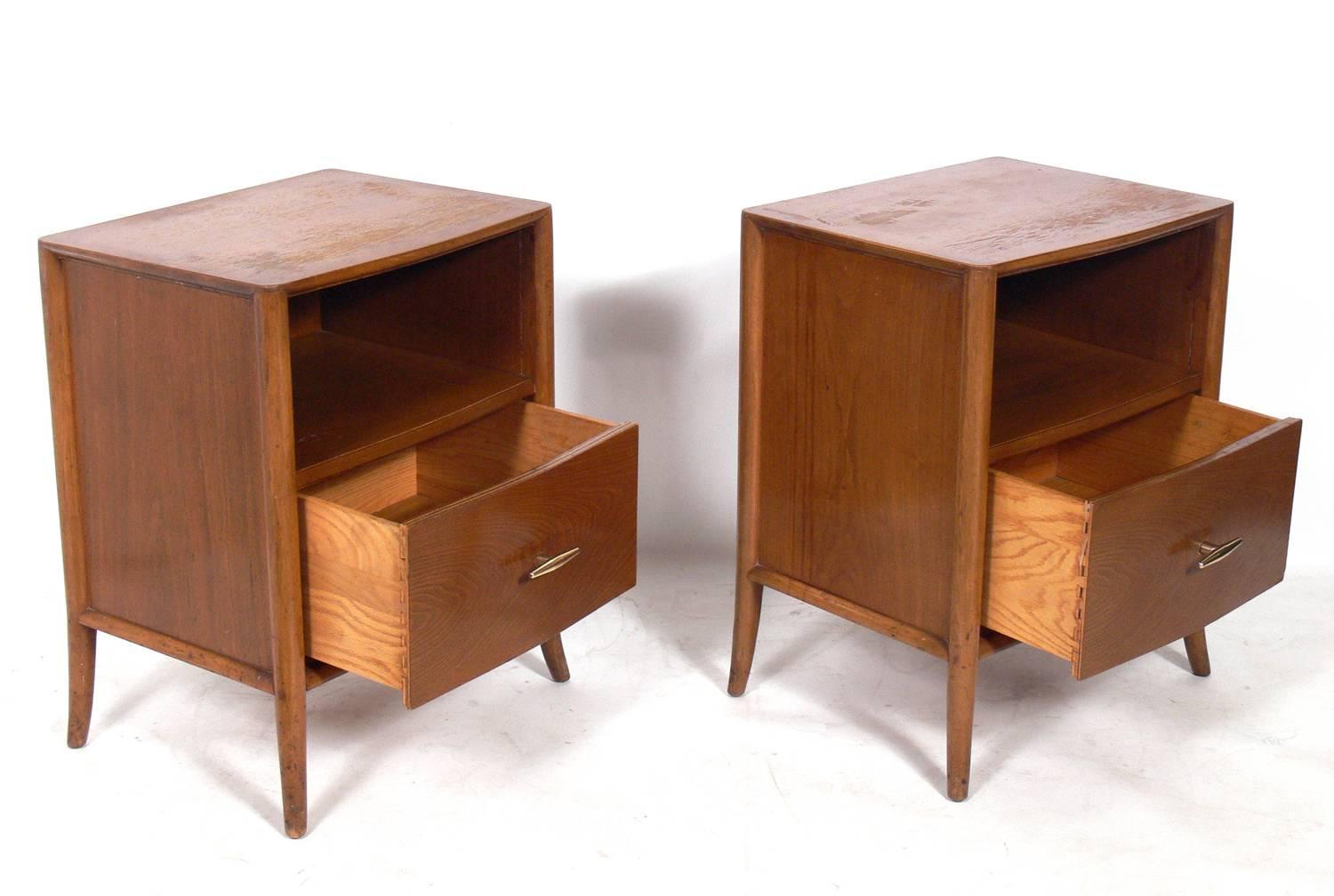 American Pair of Walnut and Brass Nightstands by T.H. Robsjohn-Gibbings