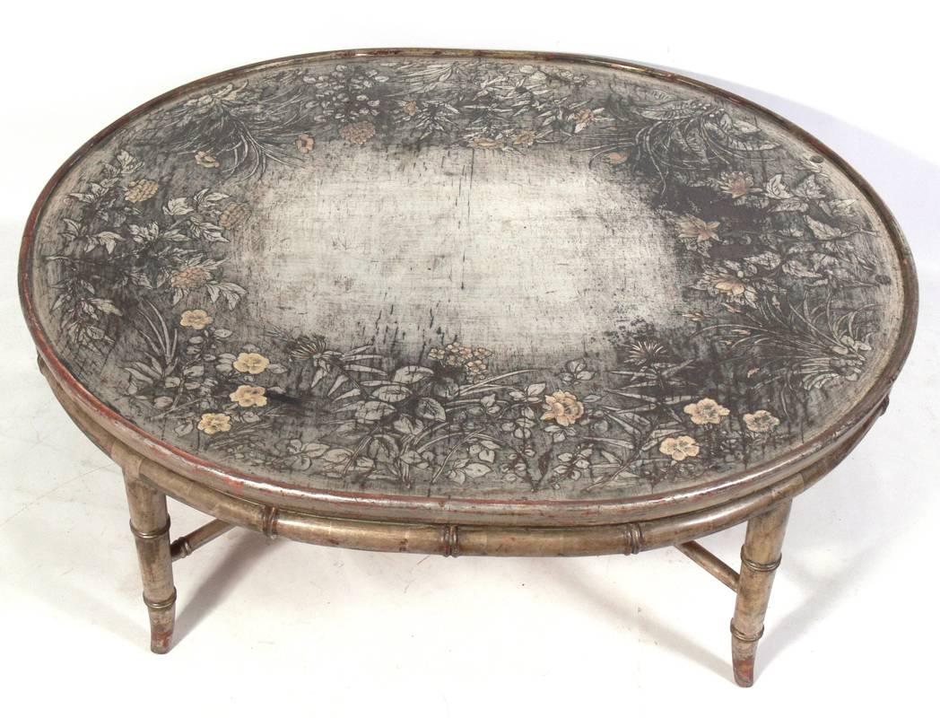 Hollywood Regency Max Kuehne Coffee Table with Hand-Carved Decoration and Silver Leafing