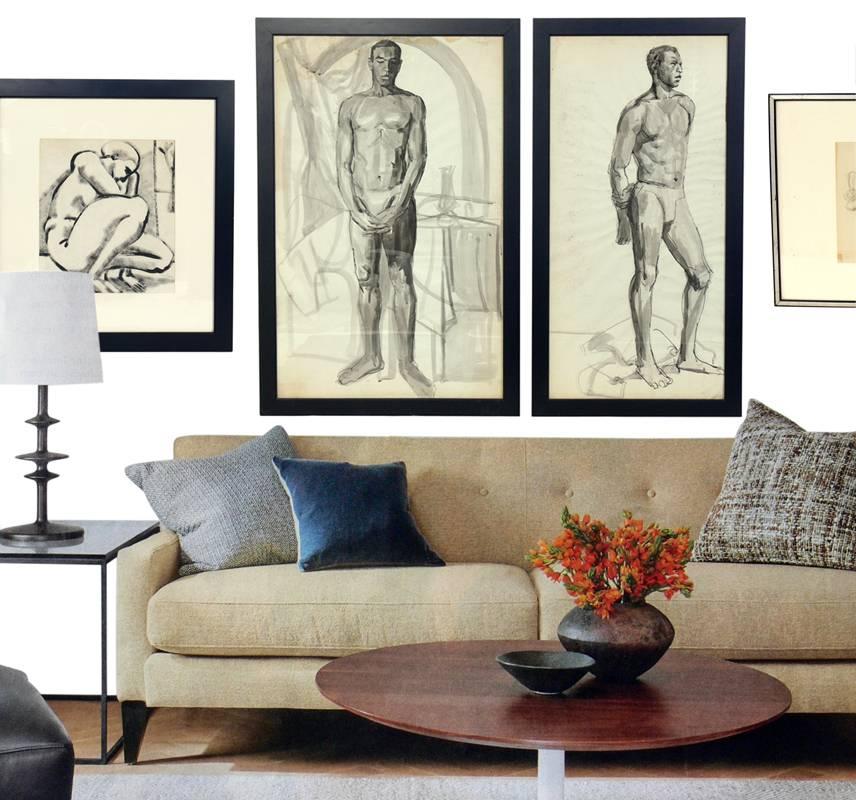 Selection of black and white nude artwork from various artists, American, circa 1950s. From left to right, as seen in the first photo, they are: 
1) The kneeling female nude painting, pencil signed 