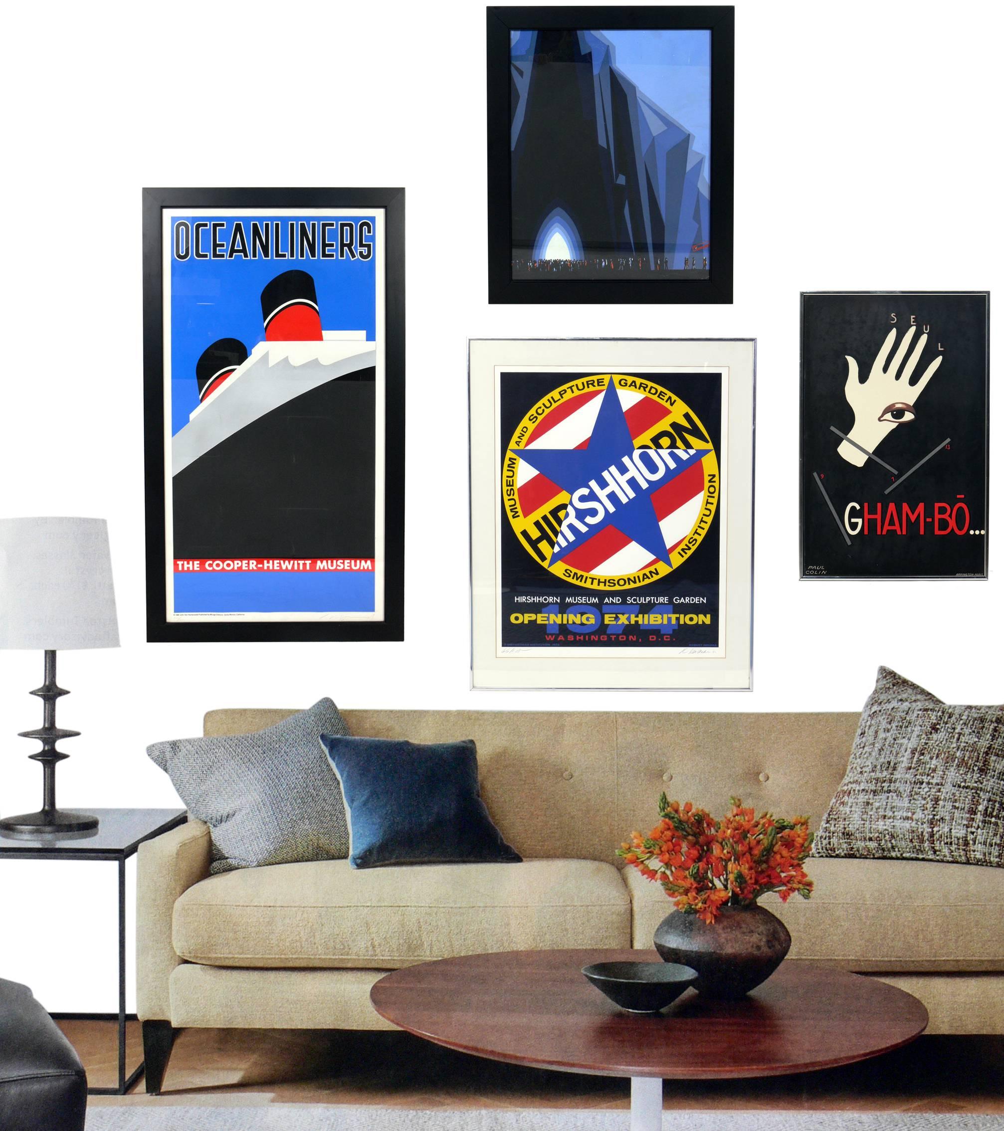 Group of graphic modern art from left to right, as seen in the first photo, they are:
1) Ocean Liners, color limited edition lithograph, pencil signed and numbered 1007/1200 by the artist John Von Hamersfeld. Designed for the Cooper Hewitt Museum,