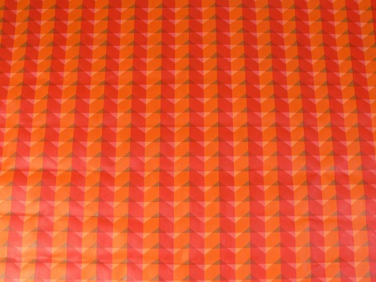 Large scale orange geometric painting, artist unknown, circa 1960s. It has quite a commanding presence at 6 feet x 6 feet. Please note that this painting is not currently framed or mounted on stretchers. It will make shipping safer and easier to