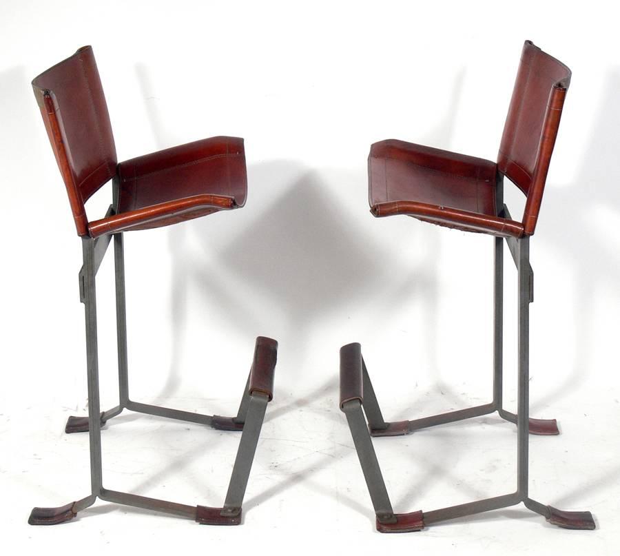 Mid-Century Modern Pair of Architectural Leather Bar Stools by Max Gottschalk