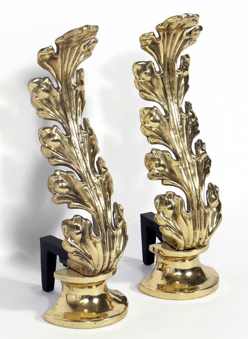 Hollywood Regency Brass Foliate Andirons