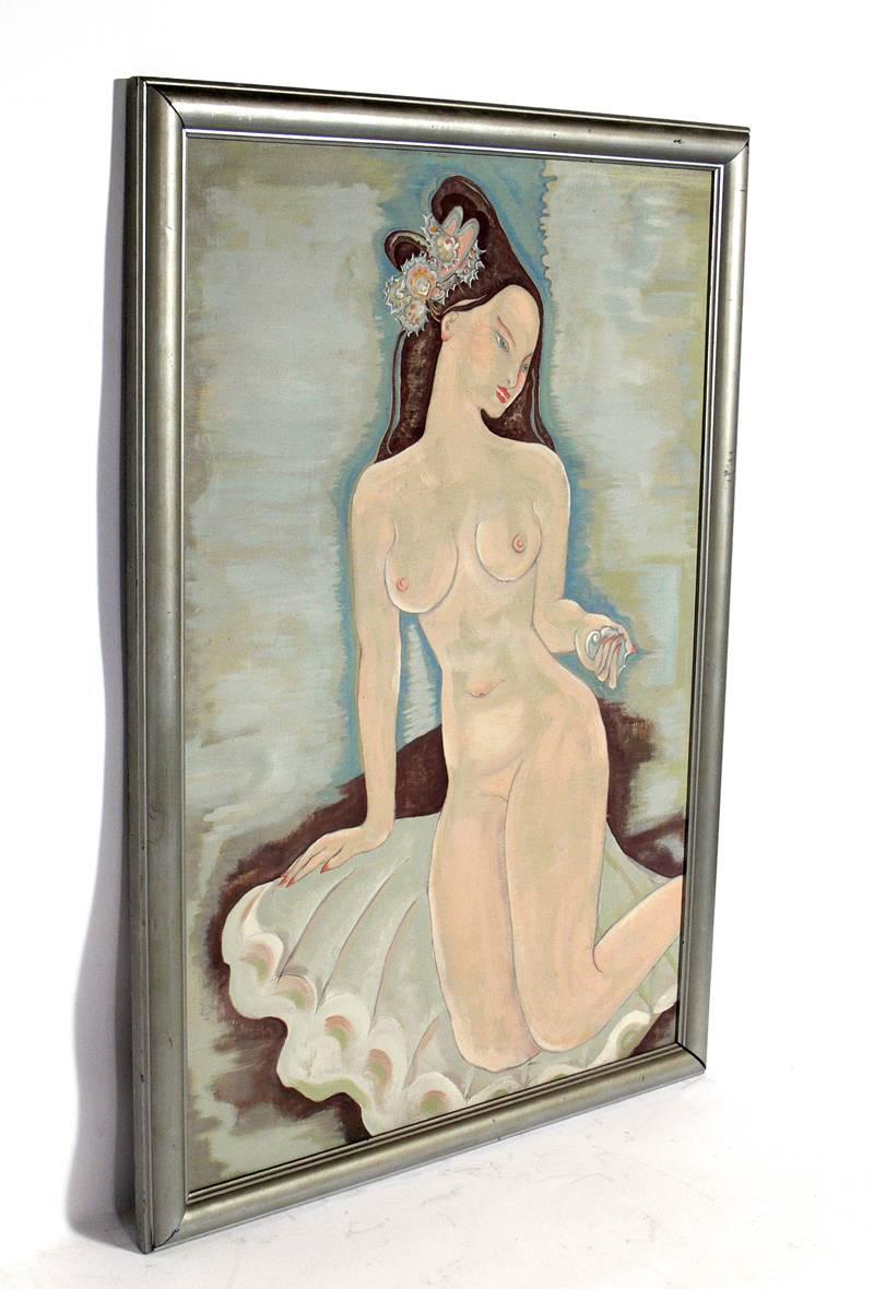 Large-scale Art Deco nude painting, probably American, circa 1930s. We are unsure of the artist that painted this work. They came from the same estate as the Aimee Seyfort paintings we have listed on 1stdibs, but this work is unsigned. Retains the