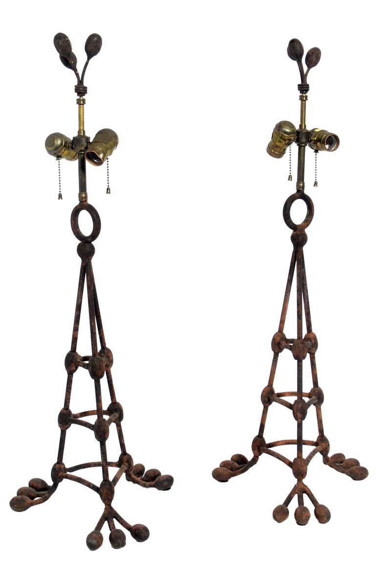 Pair of patinated iron pussy willow form lamps, French, circa 1960s. They retain their warm original patina. These came from the estate of Mr. and Mrs. Larson, who lived in Paris from the 1950s-1970s. Please see our other 1stdibs listings for other