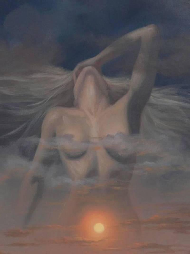 Surrealist nude painting by Alex Alemany, Spanish, circa 1970s. Alemany's works are often described as 