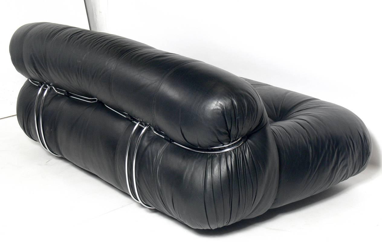 Italian Sculptural Black Leather Sofa by Afra and Tobia Scarpa for Cassina