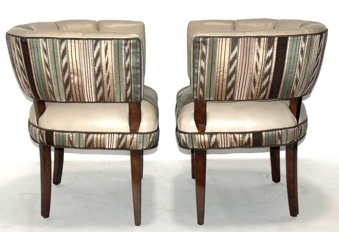 Pair of curvaceous chairs, designed by Gilbert Rohde, American, circa 1930s.
These chairs are currently being refinished and reupholstered and can be completed in your choice of finish color and your fabric. The price noted below
