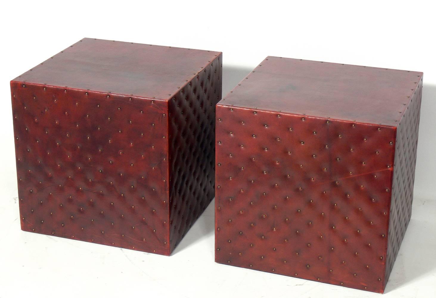 Mid-Century Modern Leather and Brass Studded Cube Tables or Stools