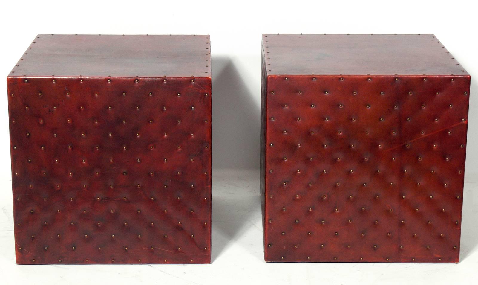 American Leather and Brass Studded Cube Tables or Stools