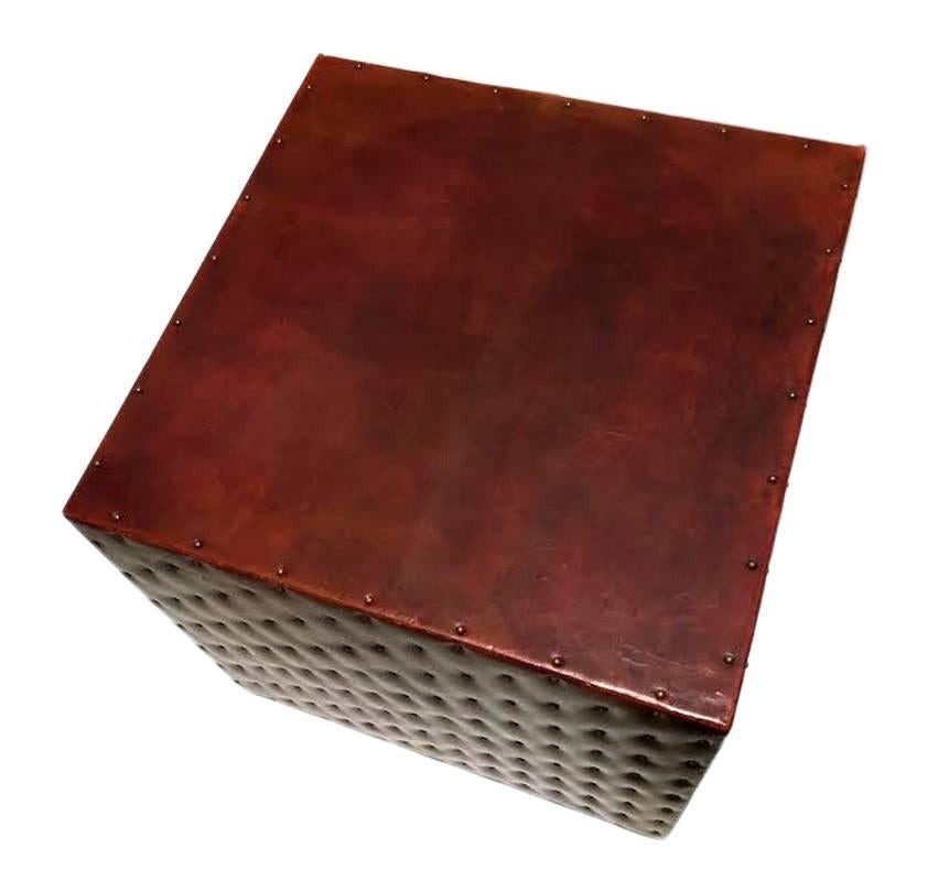 Mid-20th Century Leather and Brass Studded Cube Tables or Stools