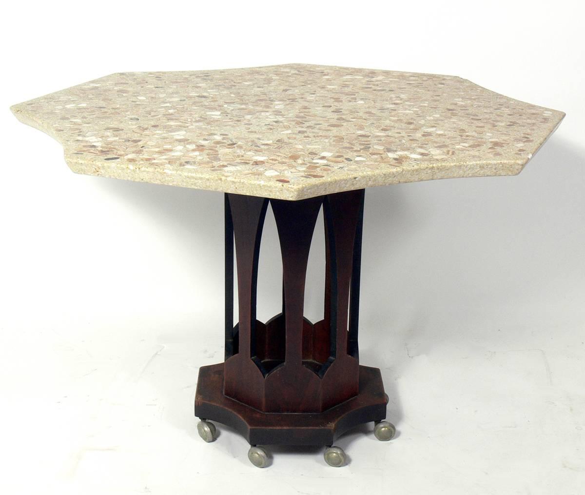 Harvey Probber Terrazzo and Walnut Dining Table, American, circa 1960s. This table is a versatile size, and can be used as a dining table, game table, or dinette table. It would great with any of the Paul McCobb, Edward Wormley for Dunbar, or Jens