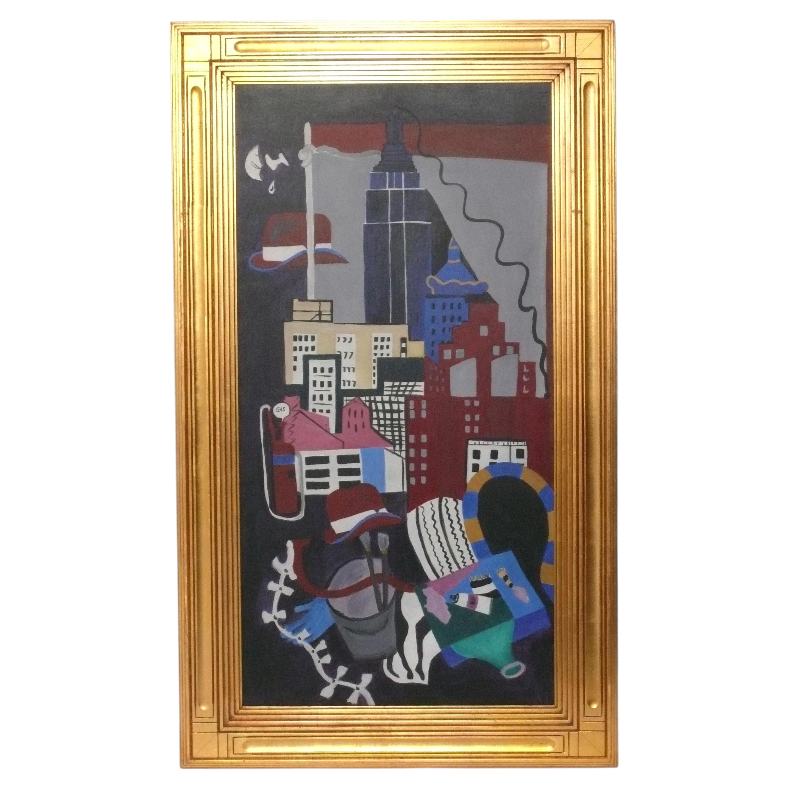 Art Deco Style Skyscraper Painting 57" x 33" NYC Stuart Davis Style For Sale