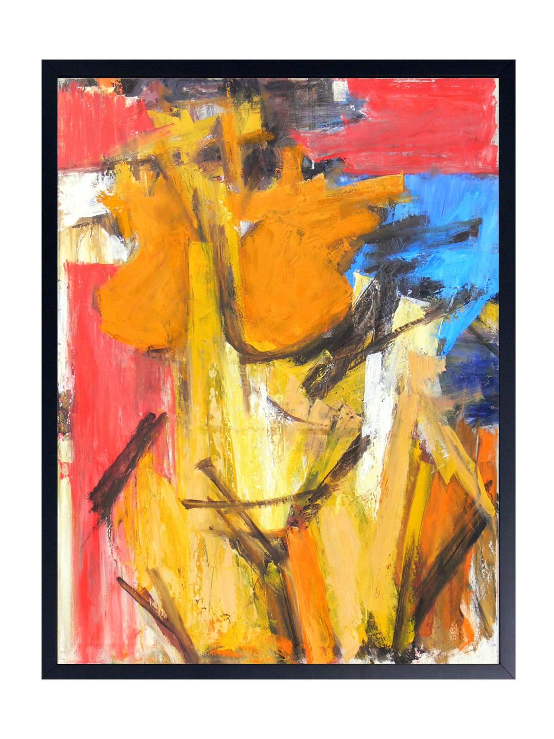 Pair of vibrant abstract figural paintings, artist unknown, American, circa 1970s. Thick impasto texture and vibrant colors. Professionally framed in clean lined black lacquered gallery frames. The painting pictured on the left measures 43.5