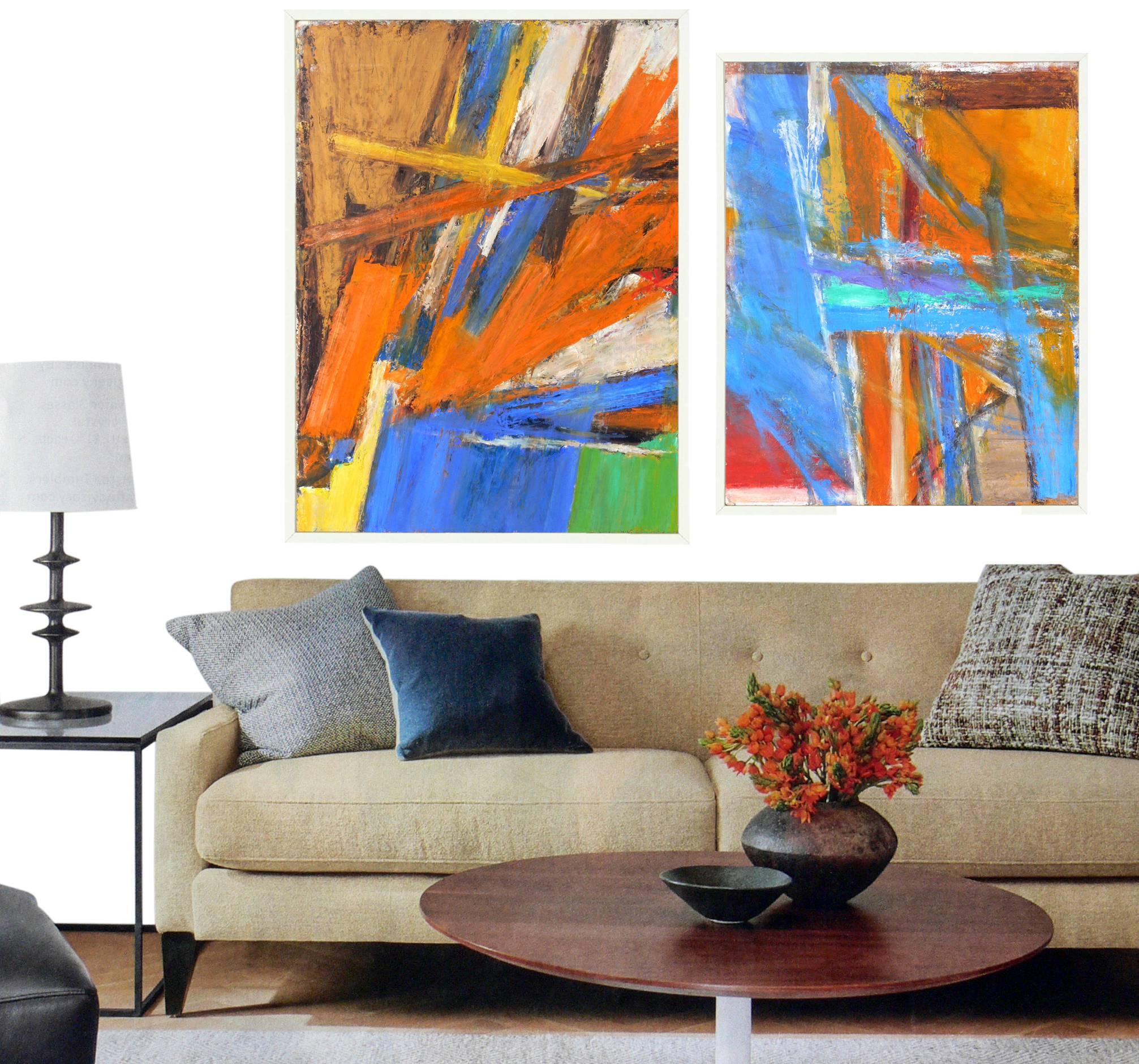 Pair of vibrant abstract paintings, artist unknown, American, circa 1970s. Thick impasto texture and vibrant colors. Professionally framed in clean lined white lacquered gallery frames. The painting pictured on the left measures 43.5