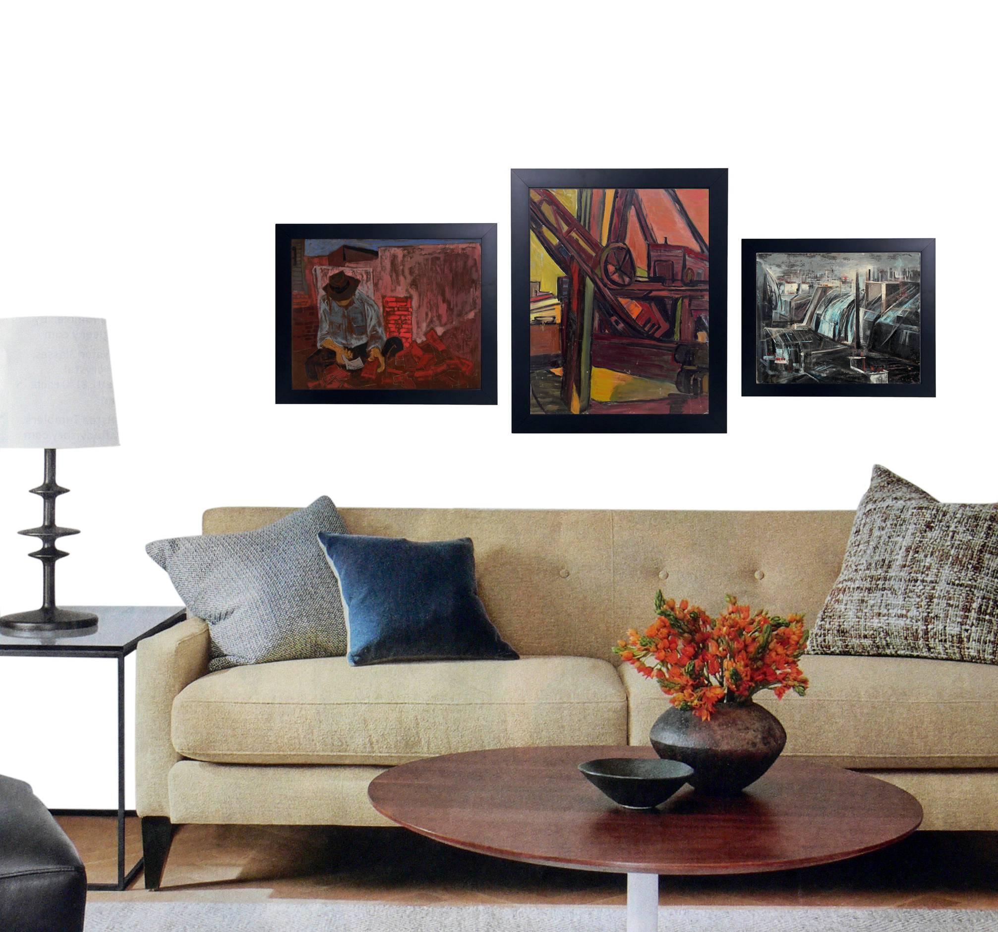 Groupe de trois peintures de l'ère WPA, américaines, vers les années 1930-1950. 
De gauche à droite, ce sont :
1) Peinture à l'huile de maçon en briques, américaine, vers les années 1930. Il mesure 23,5