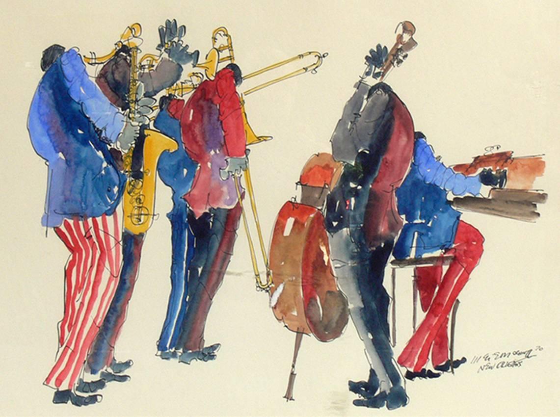 Sélection de peintures du milieu du siècle sur le thème du jazz, américaines, vers les années 1930-1970. De gauche à droite, ce sont :
1) Aquarelle sur le jazz de la Nouvelle-Orléans réalisée par Leo Meirsdorff, datée de 1970. Il mesure 24,25