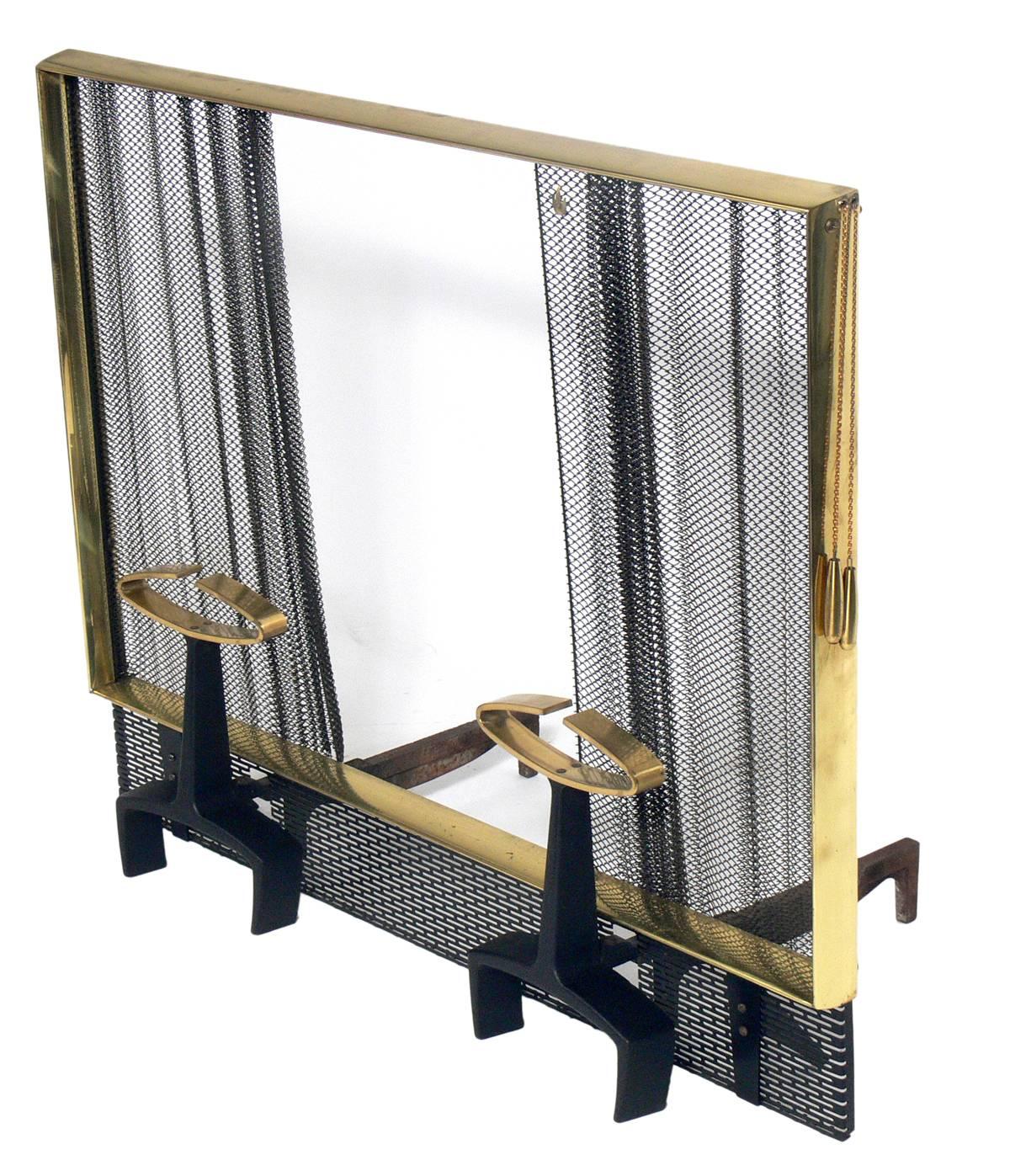 Mid-Century Modern Modernist Brass and Iron Andirons Fire Tools and Screen by Donald Deskey