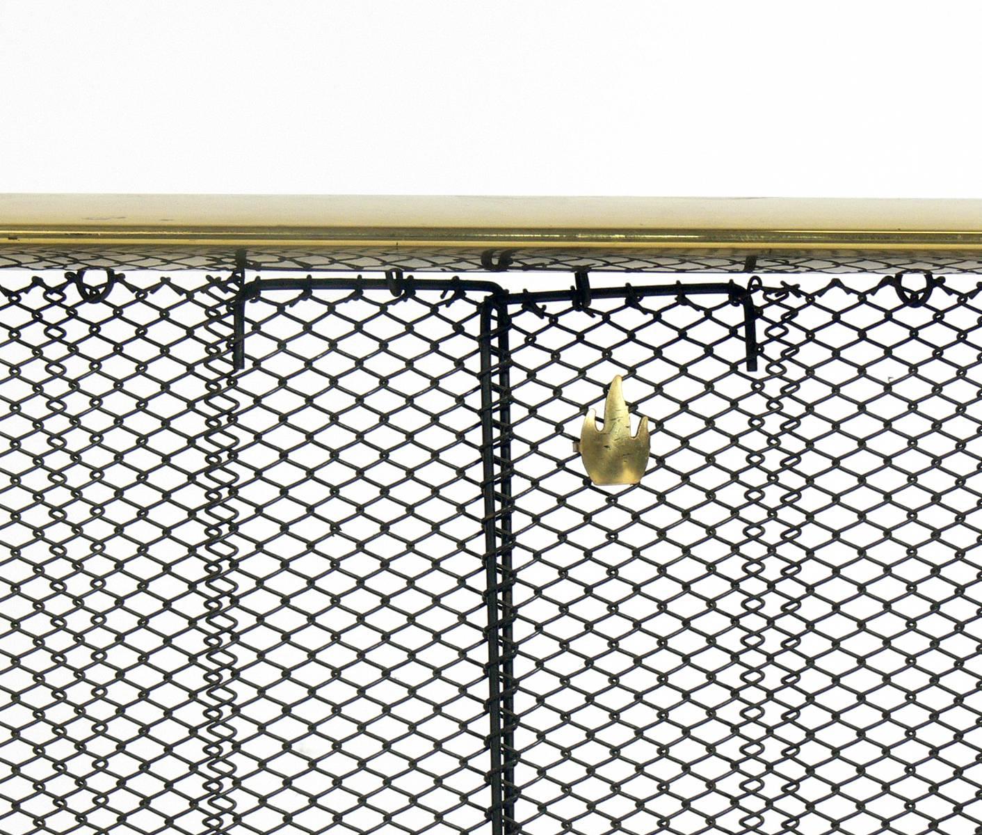 Mid-20th Century Modernist Brass and Iron Andirons Fire Tools and Screen by Donald Deskey