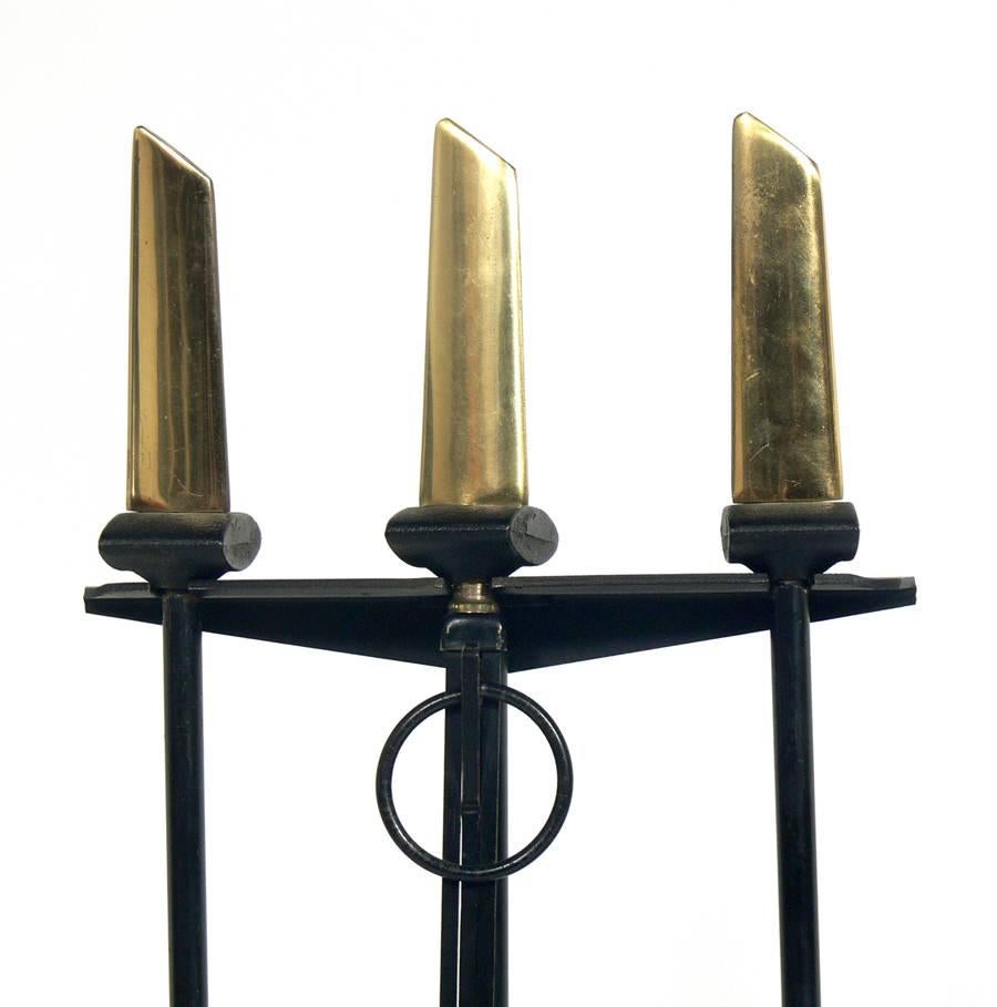 Modernist Brass and Iron Andirons Fire Tools and Screen by Donald Deskey 2