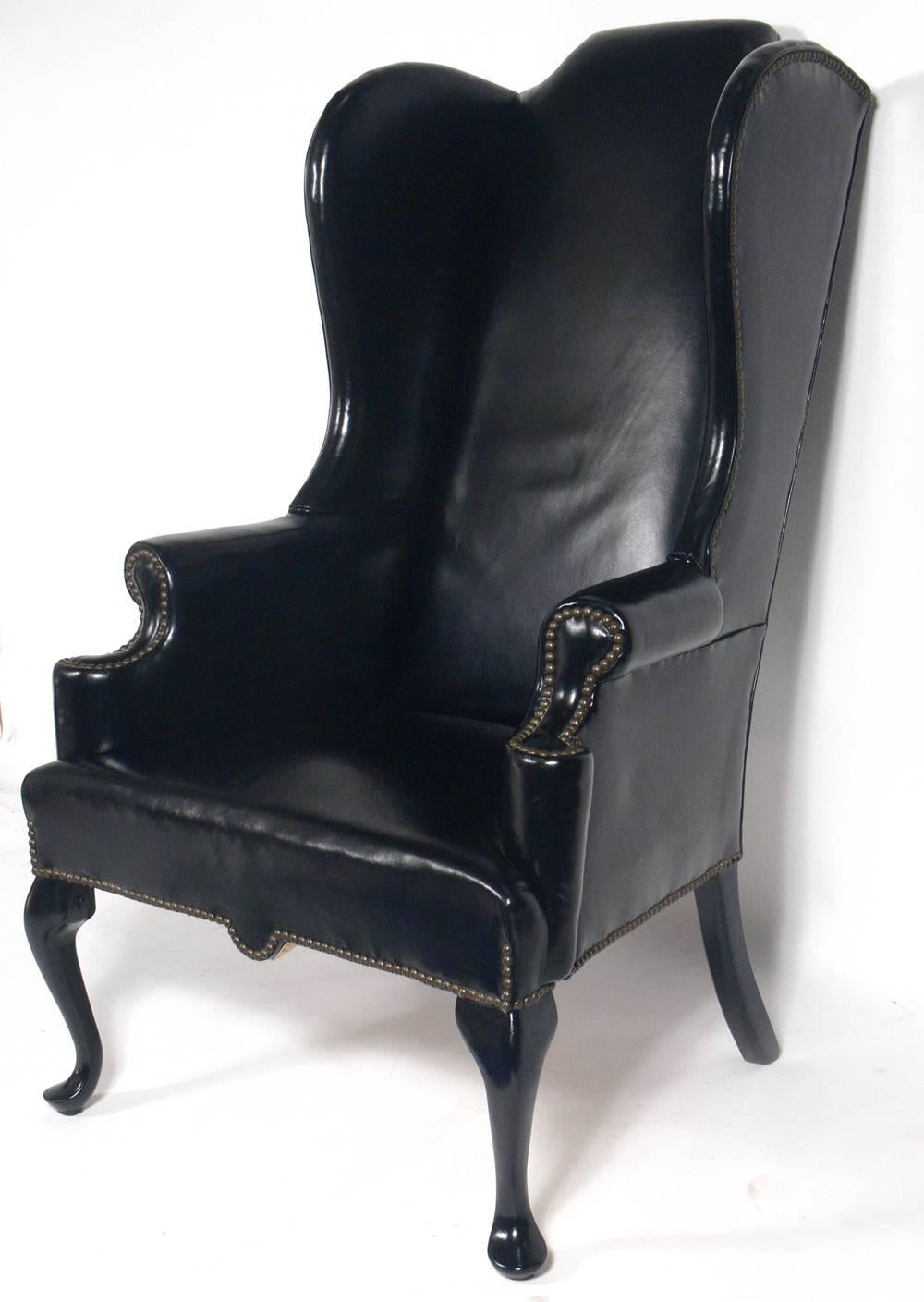 Federal Perfectly Patinated Black Leather Wing Chair