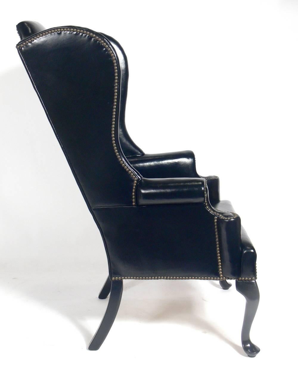 American Perfectly Patinated Black Leather Wing Chair