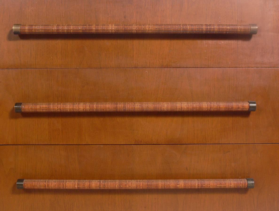 American Elegant Modern Chest with Reed Wrapped Handles by T.H. Robsjohn Gibbings