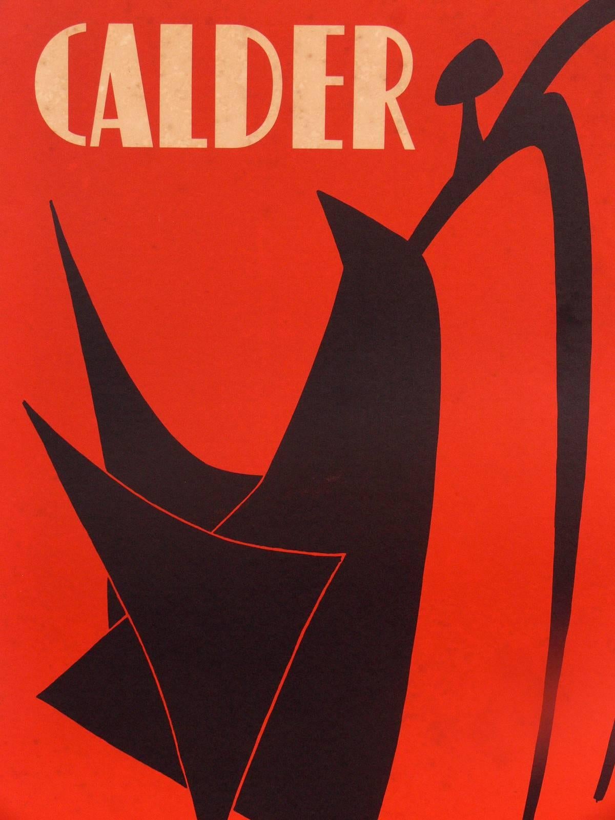 Group of modernist color lithographs, circa 1950s. 
From left to right, they are:
1) Alexander Calder, color lithograph produced by Mourlot, from an exhibition at Galerie Maeght, circa 1950s. It measures 27.25