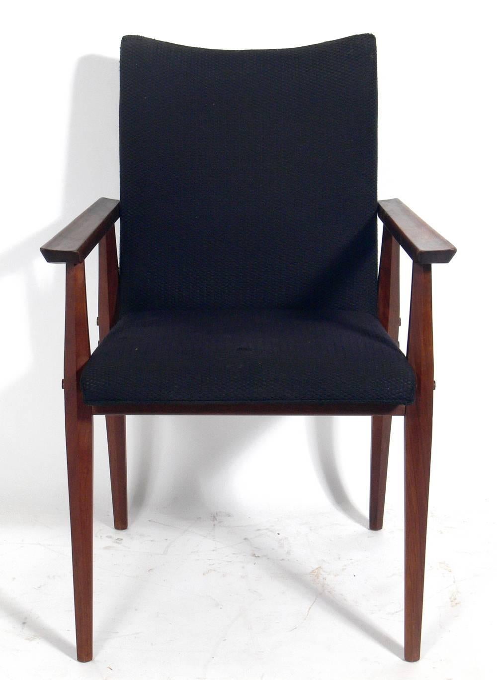 Dining table and chairs, designed by George Nakashima for Widdicomb, American, circa 1950s. This set is currently being refinished and reupholstered. The price noted below includes refinishing in your choice of color and reupholstery in your fabric.