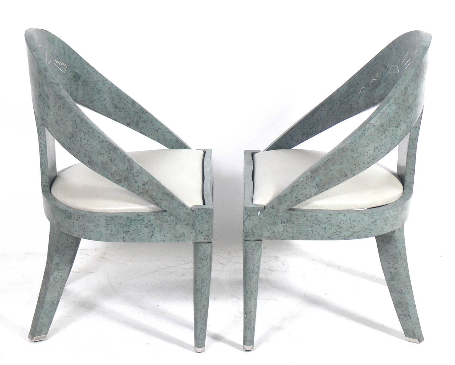 Mid-Century Modern Pair of Tessellated Chairs with Silver Inlay