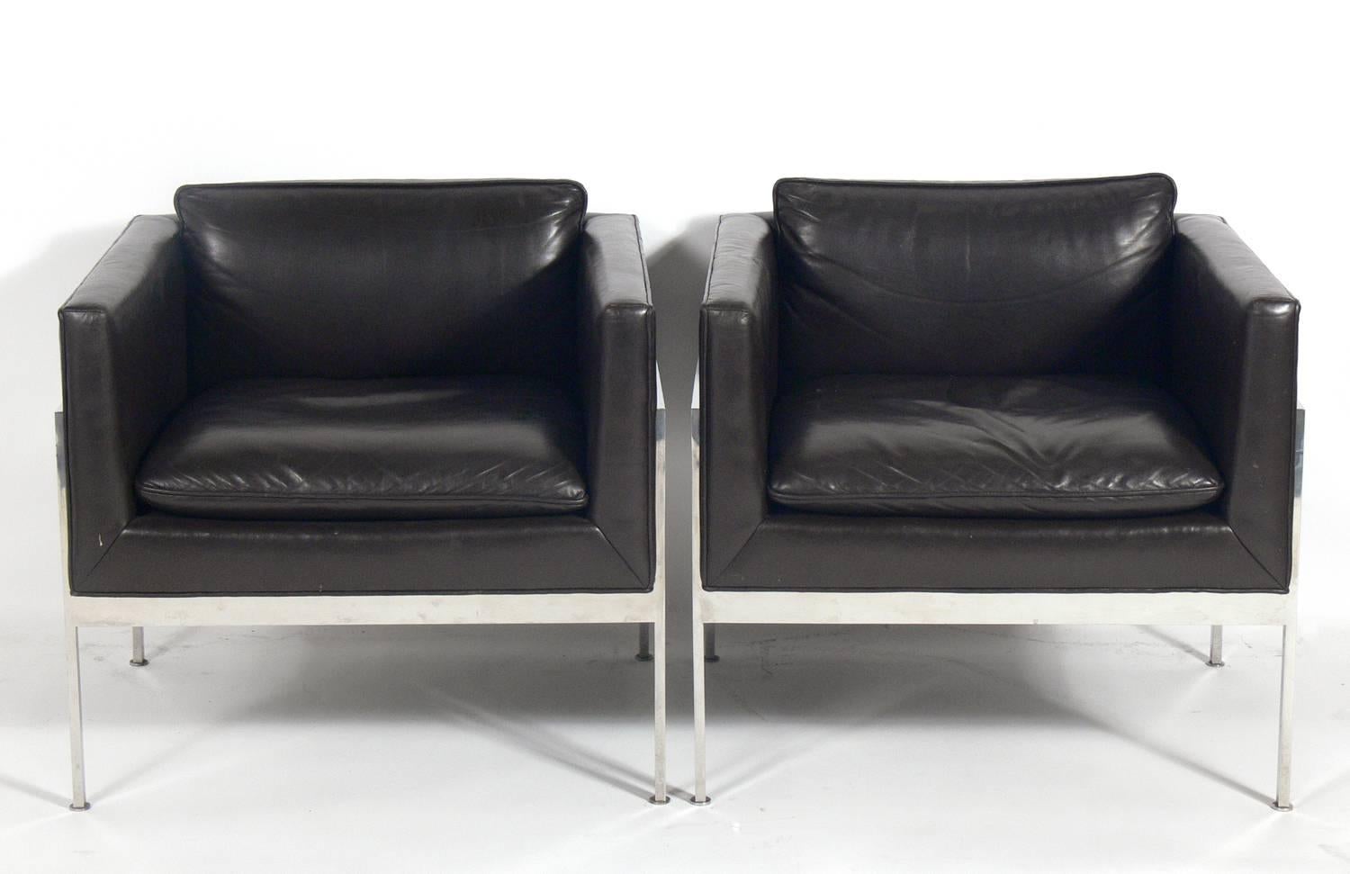 Pair of chrome and leather cube chairs attributed to Harvey Probber, American, circa 1960s. They are very well constructed with heavyweight chrome frames. They retain their original espresso brown color leather.