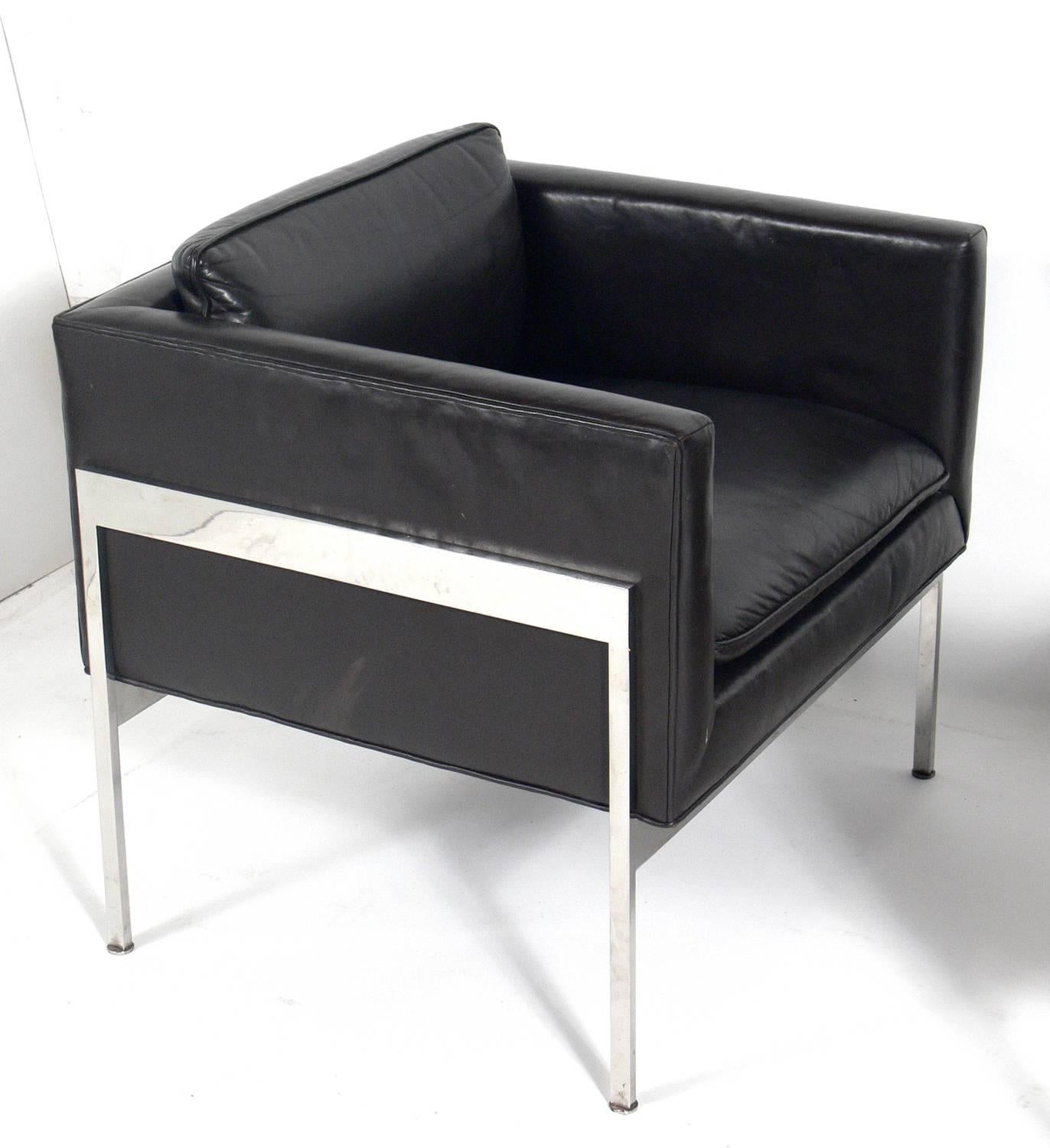 Mid-Century Modern Pair of Chrome and Leather Cube Chairs Attributed to Harvey Probber