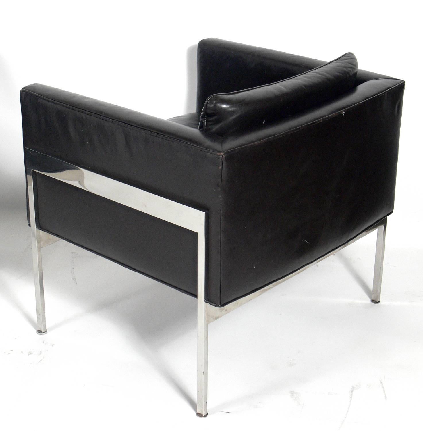 American Pair of Chrome and Leather Cube Chairs Attributed to Harvey Probber