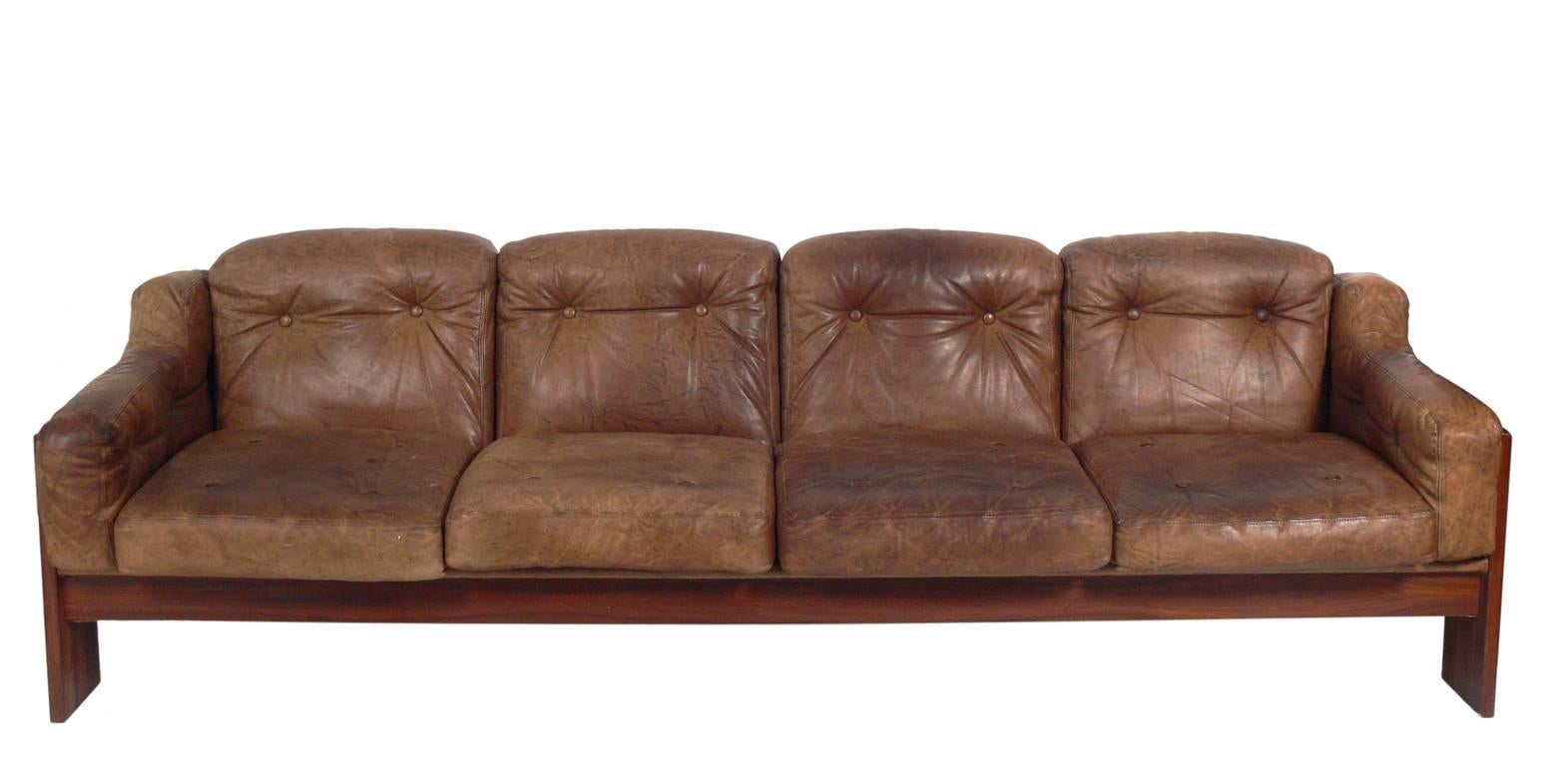 Mid-Century Modern Sculptural Danish Modern Rosewood and Leather Sofa