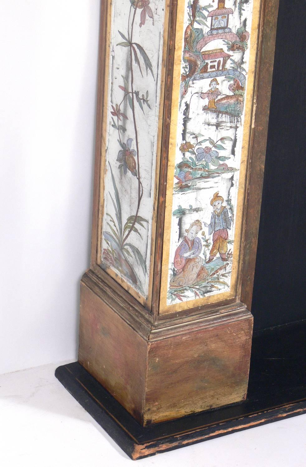 Painted Hollywood Regency 1930s Mirrored Fireplace Mantel with Asian Églomisé Decoration