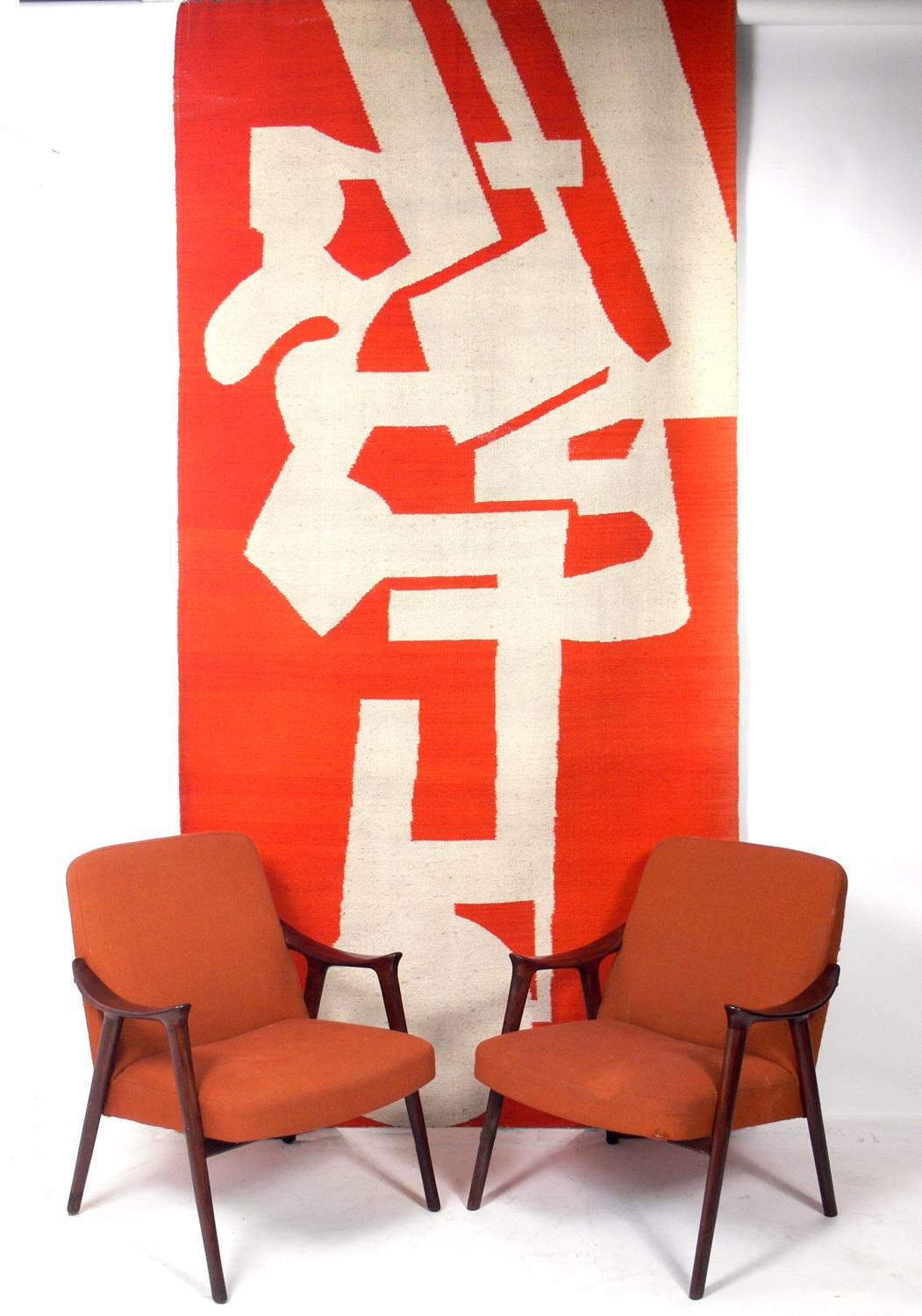 French Large-Scale Modernist Tapestry in Vibrant Orange and White
